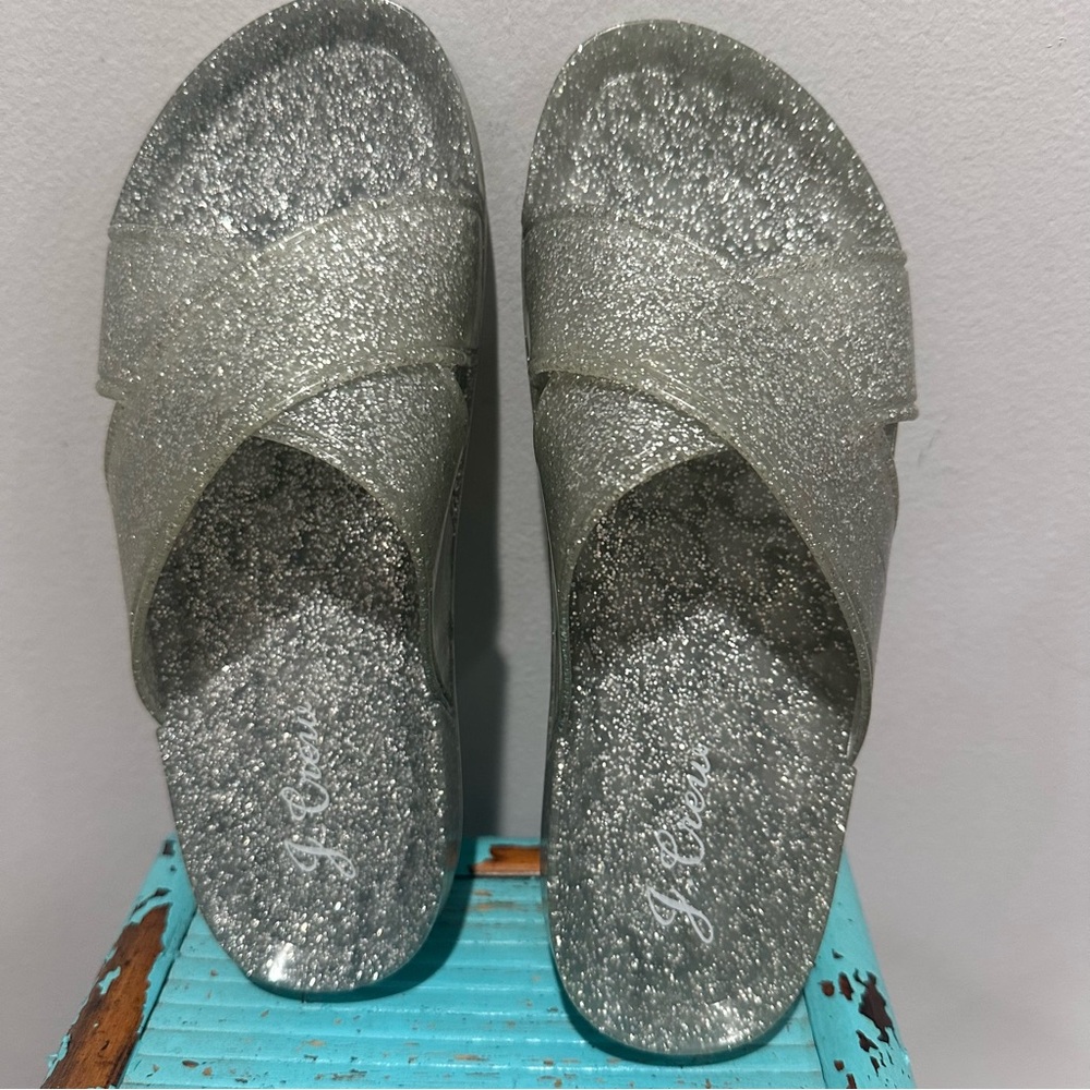 J Crew Crisscrossed Slides Glitter Silver Size 7